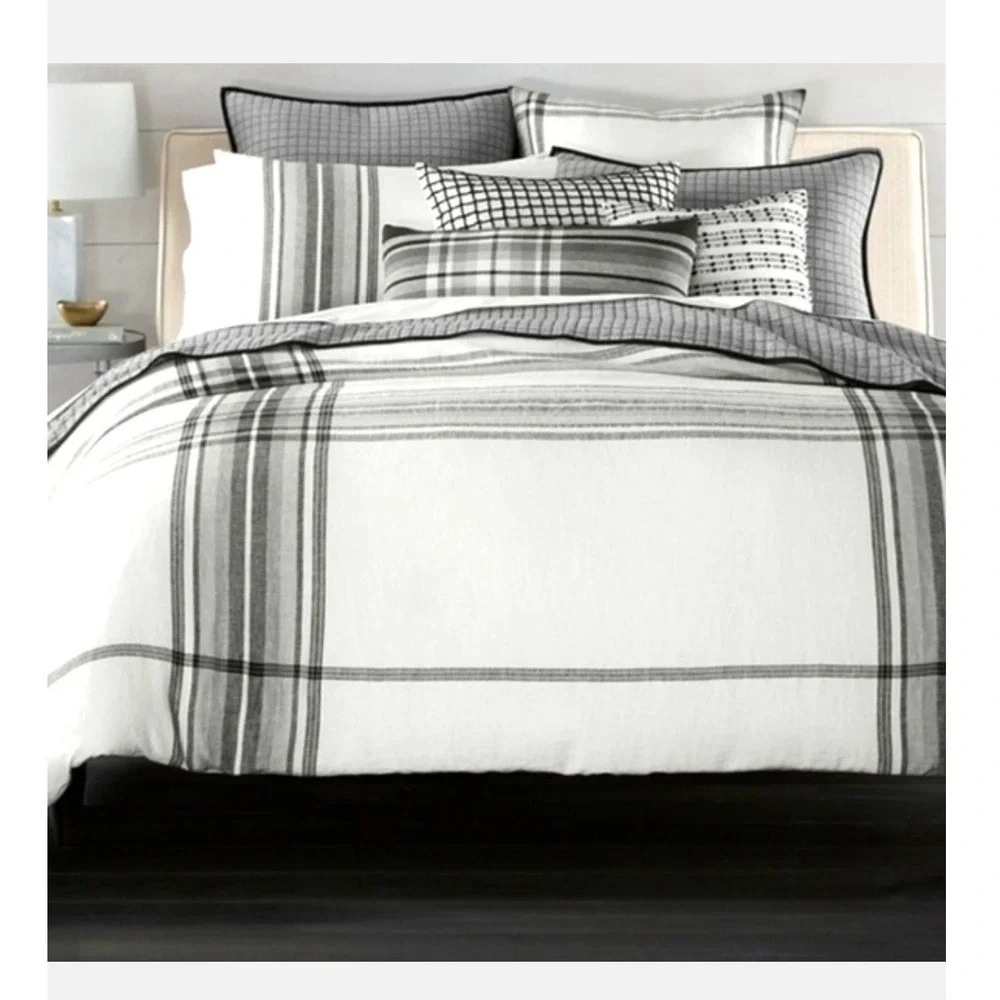 Hotel Collection King Duvet Cover 100% Linen Grey White Oversized Plaid Modern